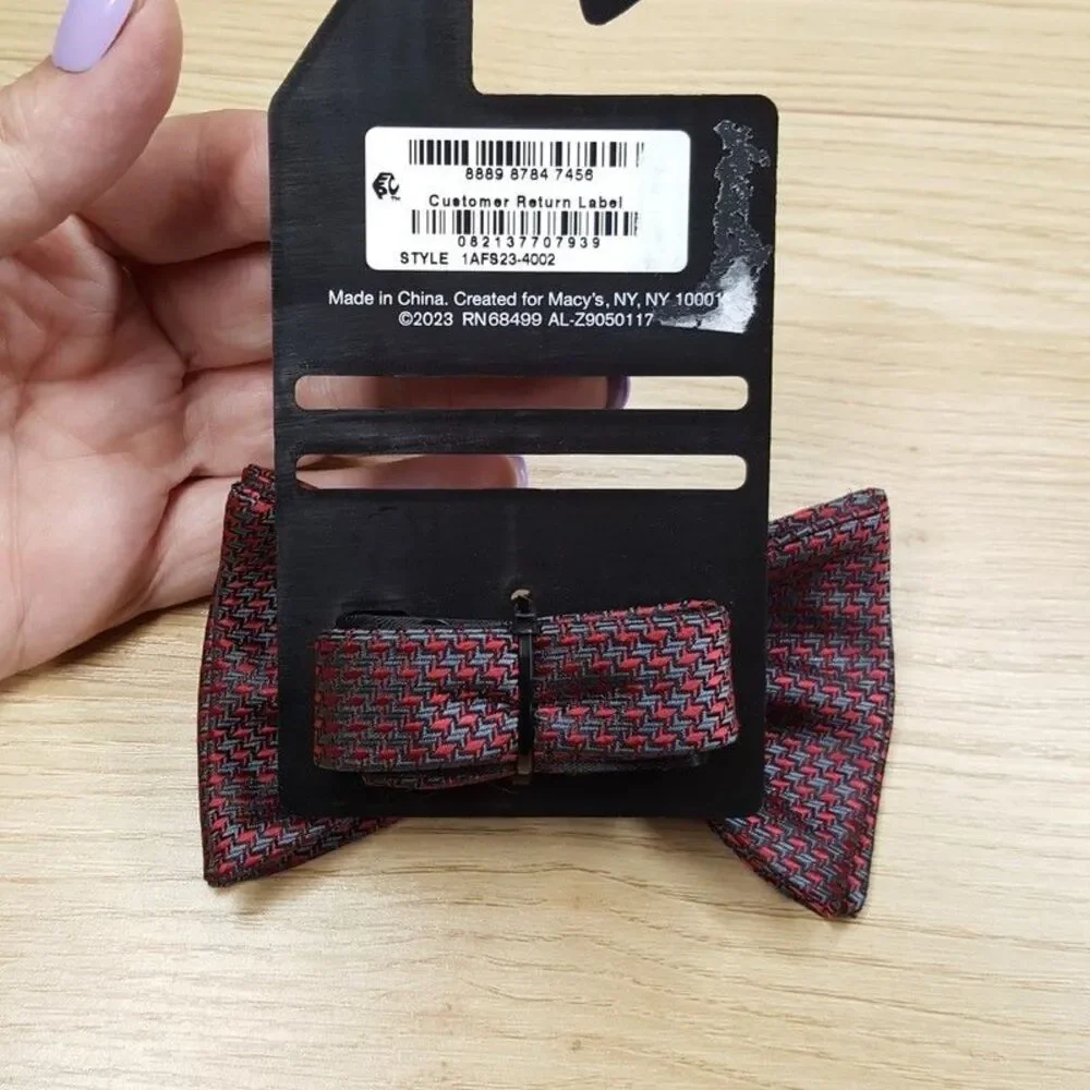 ALFANI Bow Tie Red Gray Houndstooth Textured Knit Pre-Tied